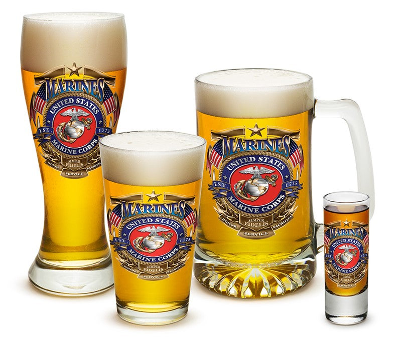 Pilsner US Marine Corps Gifts for Men or Women Semper Fi Chrome Dog Marine Corps Beer Glassware USMC Barware Glasses Set of 12 (23 oz), Size: One Size