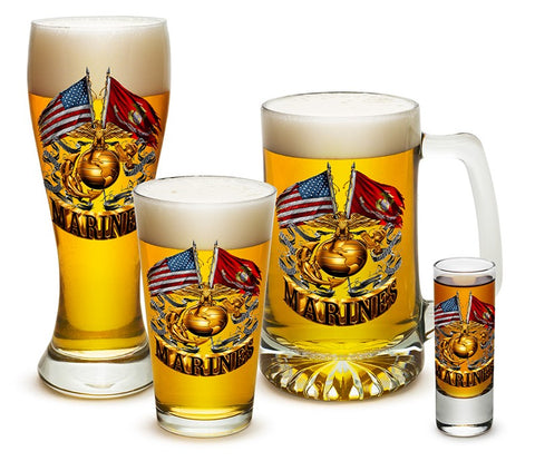 DOUBLE FLAG GOLD GLOBE MARINE CORPS Glassware Set