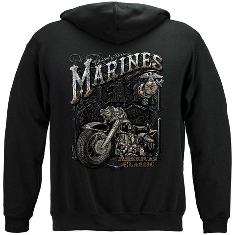 USMC Marine Freedom Rider American Classic Silver Foil Premium Hooded Sweat Shirt